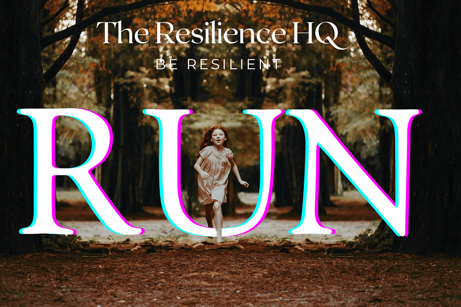 Girl running in the forest with the word RUN in the foreground