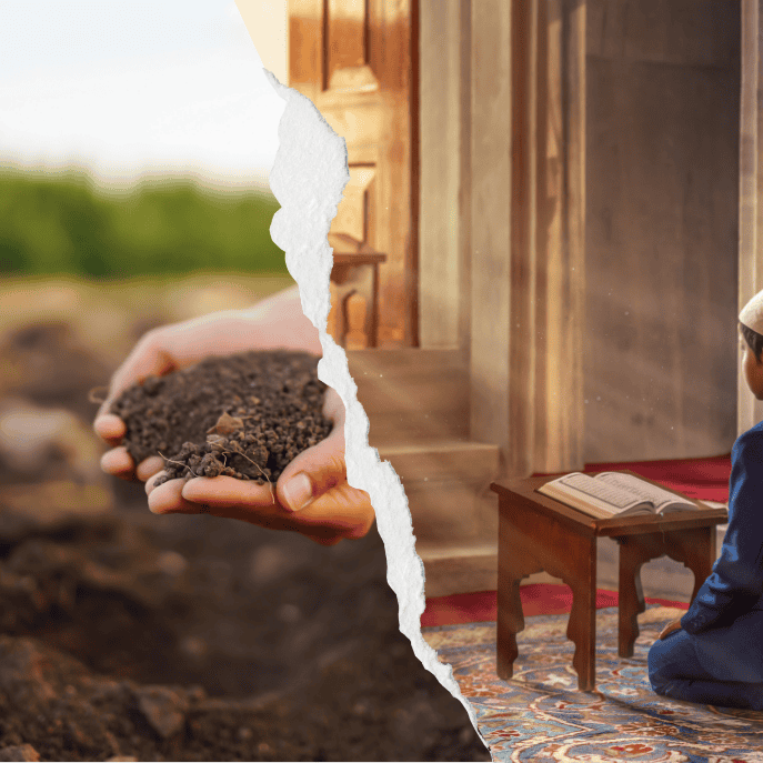 Pictures of boy reading Quran and soil in a hand