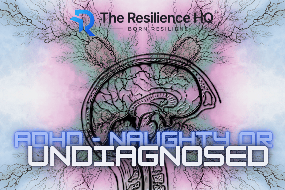 picture of brain in the background with title ADHD- Naughty or Undiagnosed. The Resilience HQ